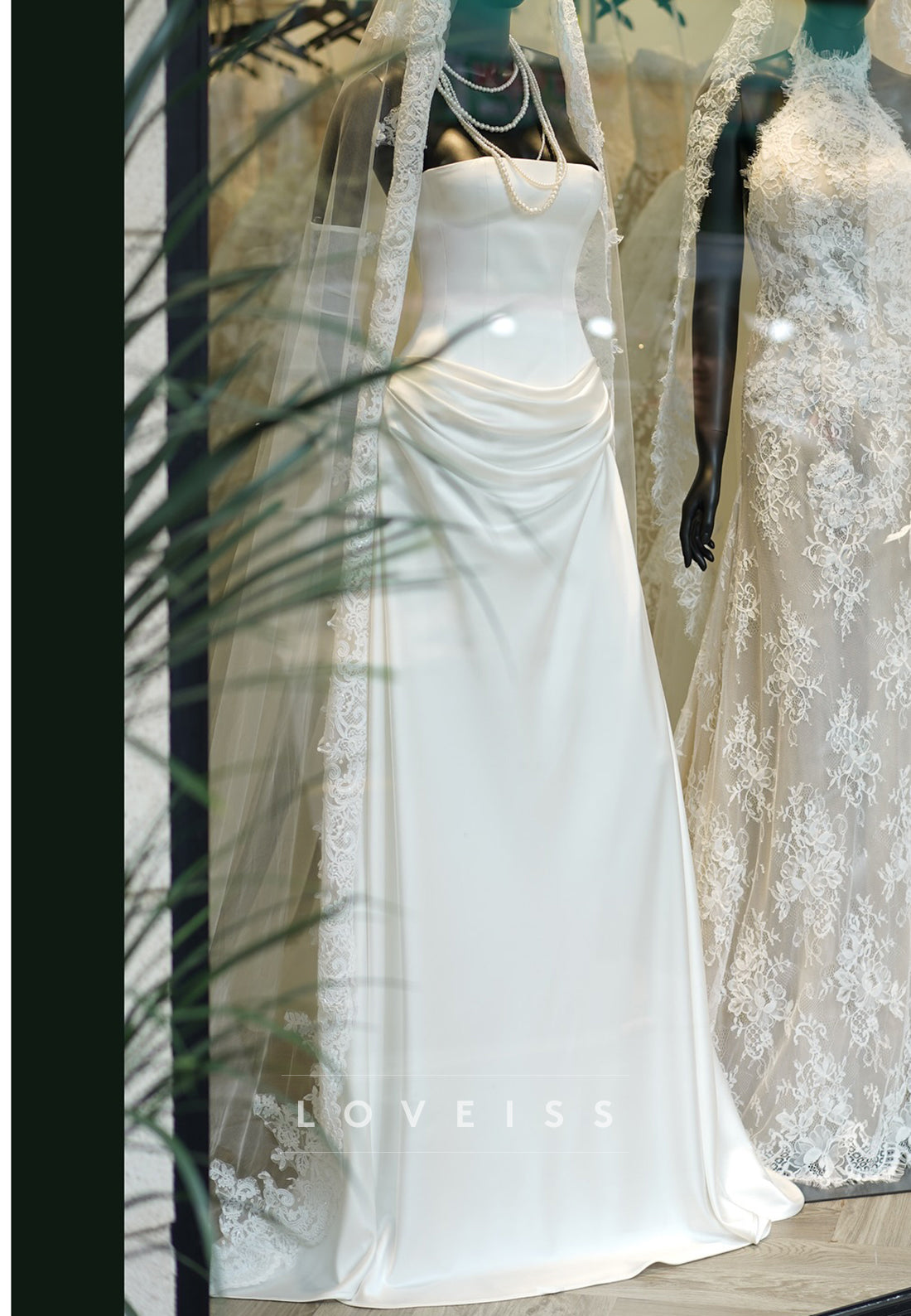 Strapless Ruched Satin Wedding Gown with Sweep Train