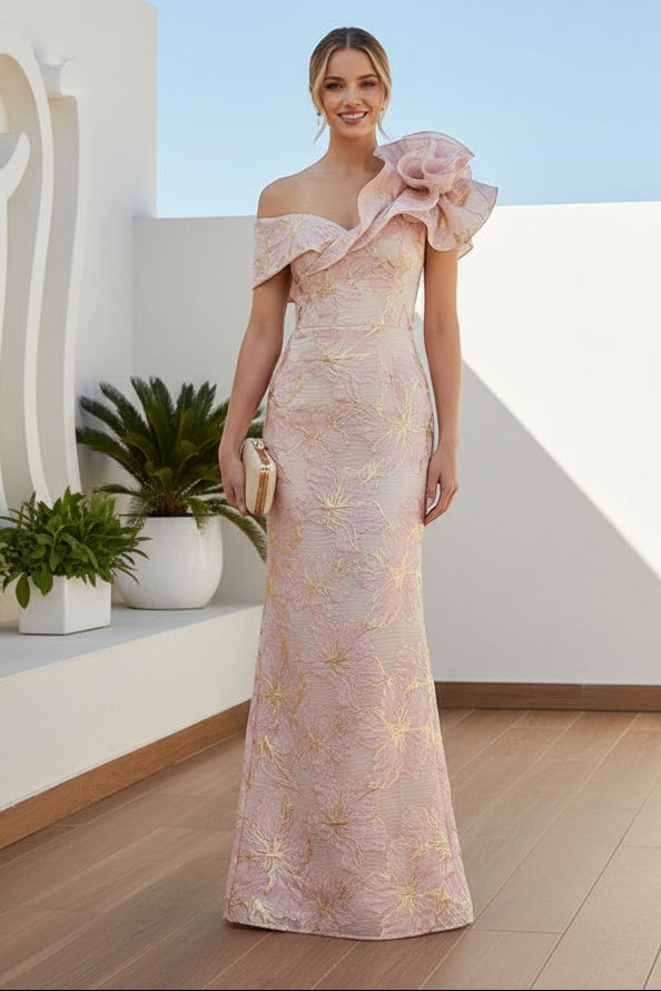 Floral Jacquard One-Shoulder Column Gown
