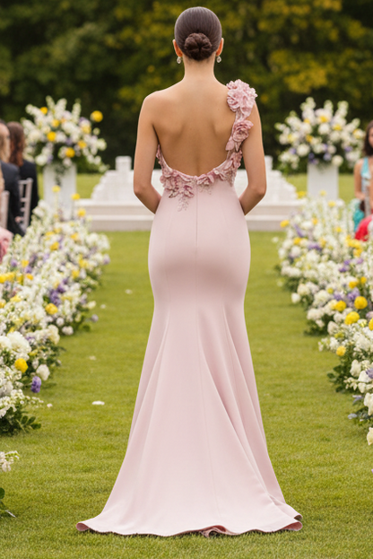 One Shoulder 3D Floral Applique Mermaid Gown