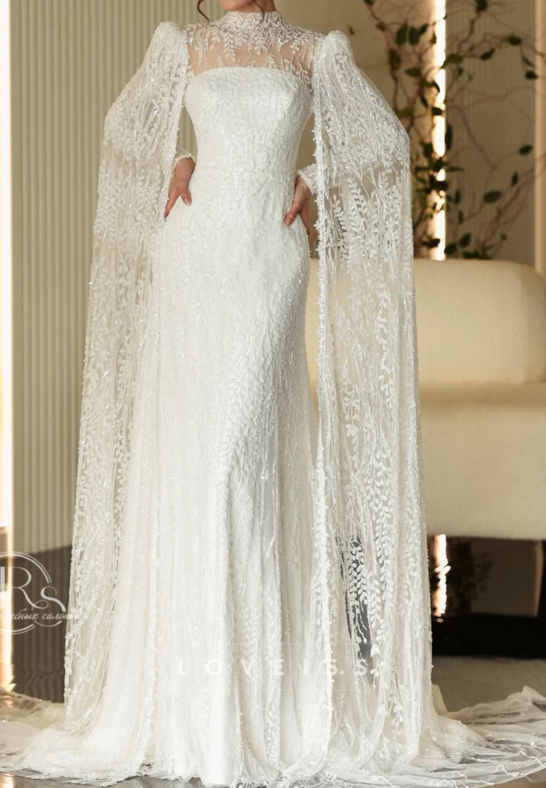 High Neck Sequin Wedding Dress with Cape Sleeves
