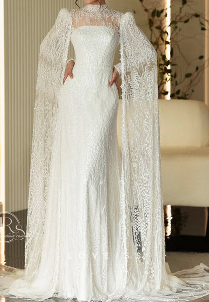 High Neck Sequin Wedding Dress with Cape Sleeves