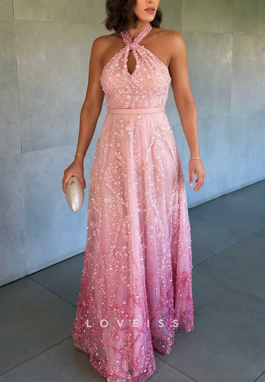 Halter Keyhole Sequin Ombre A-Line Evening Gown