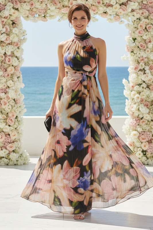 Pleated Metallic Floral Halter Maxi Dress