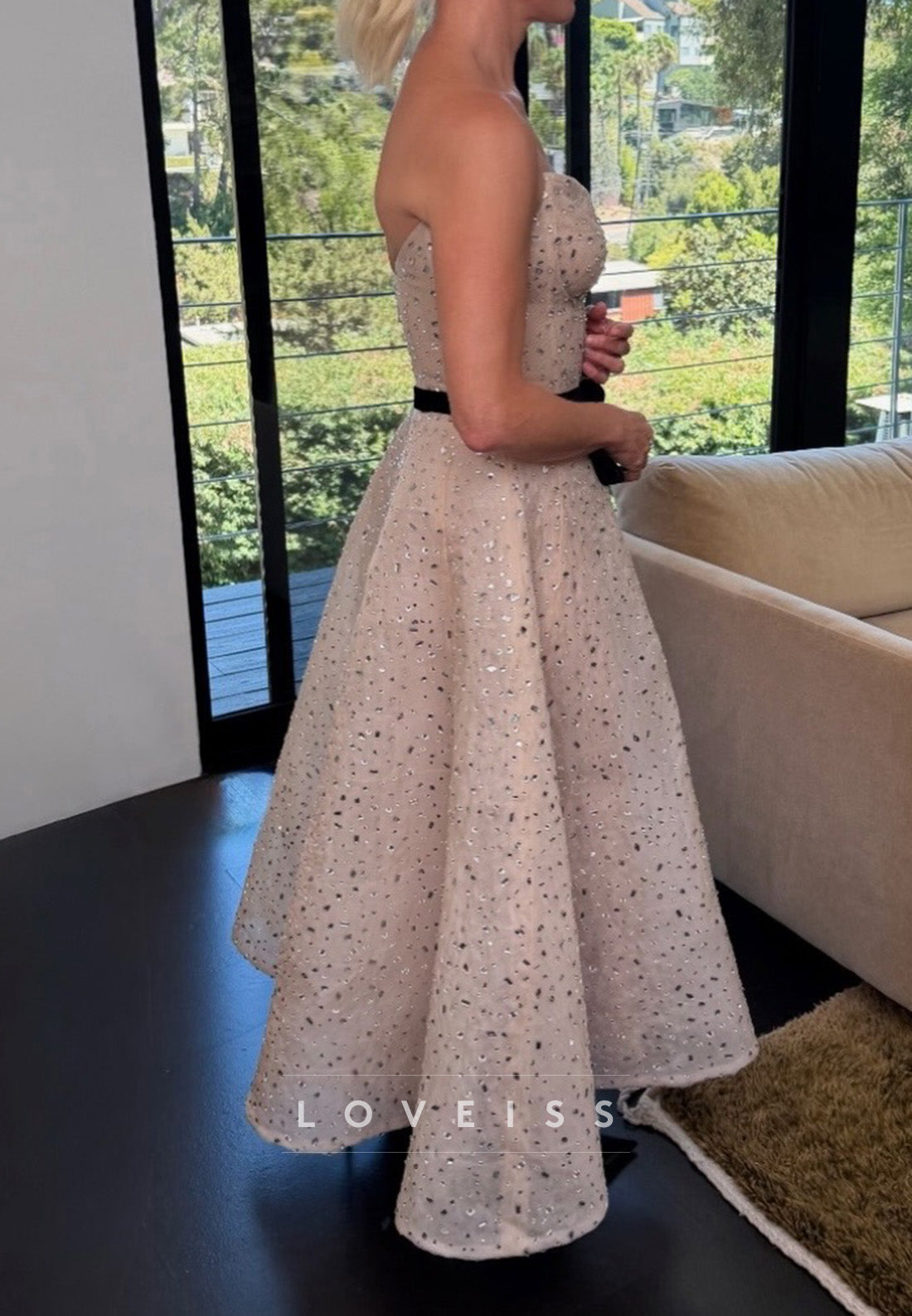Strapless Embellished Corset Tea-Length Dress