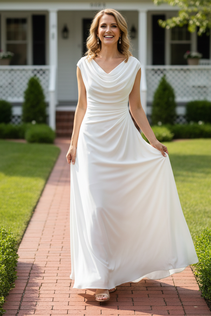 Cowl Neck Draped Evening Gown with Side Ruching