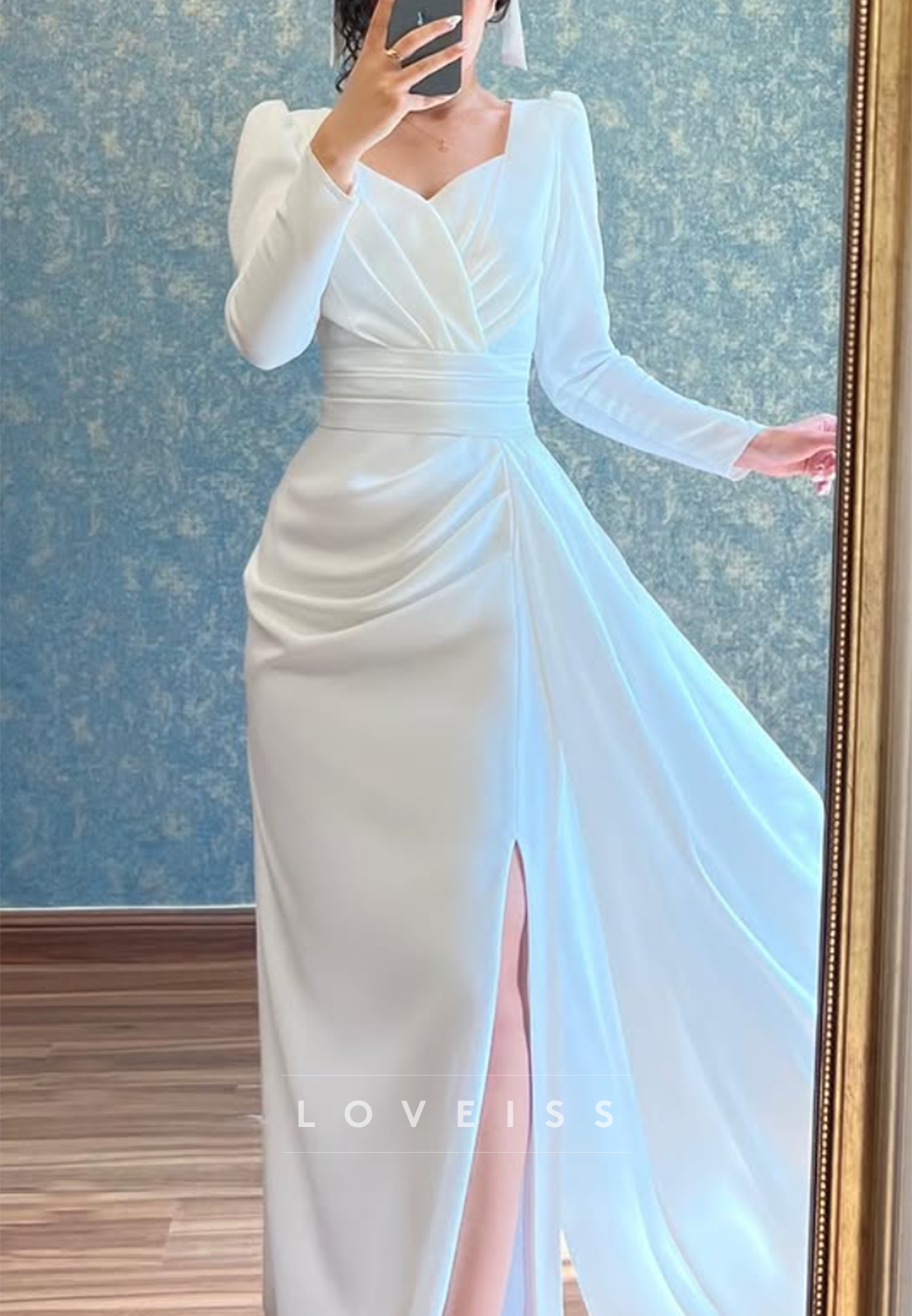 Long Sleeve Ruched Bridal Gown with High Slit