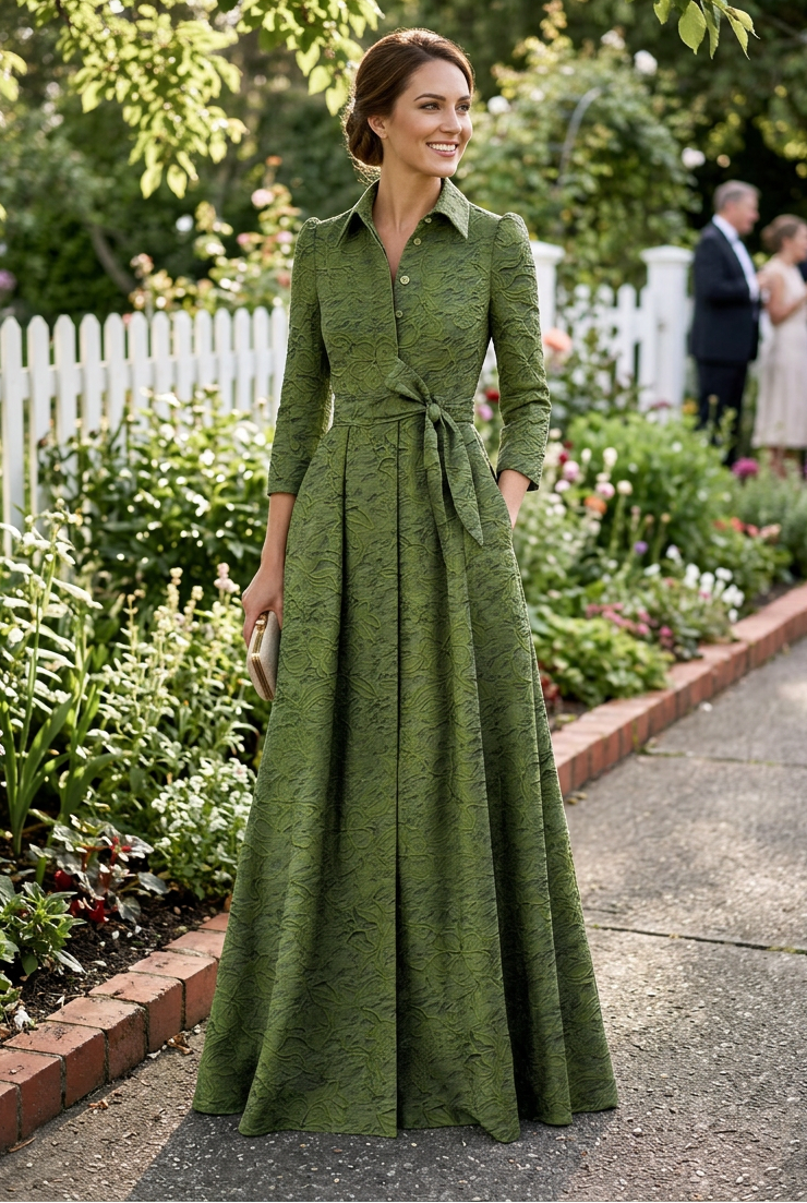 Jacquard Shirt Maxi Dress with Tie Belt