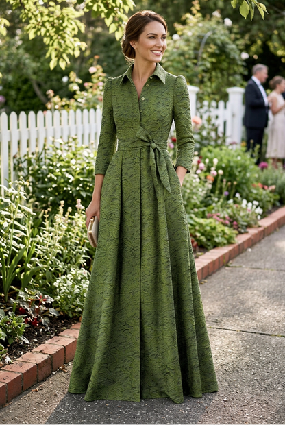 Jacquard Shirt Maxi Dress with Tie Belt