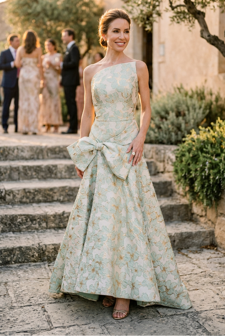 One-Shoulder Floral Jacquard Gown with Bow