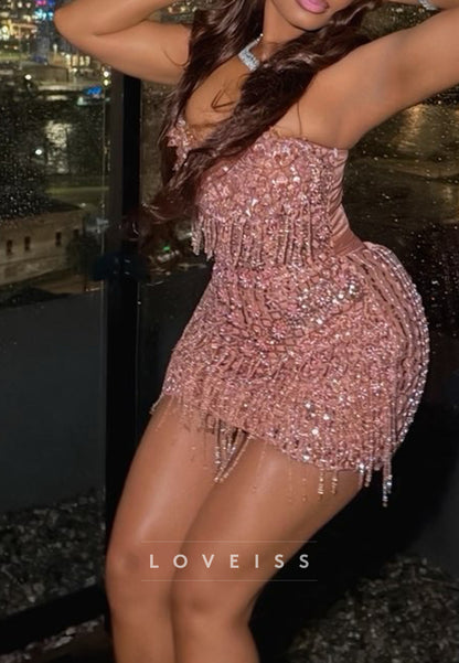 Strapless Sequin Mini Dress with 3D Floral & Fringe Trim