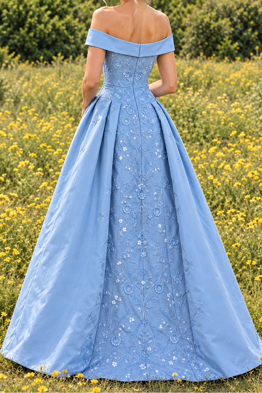 Embroidered Off-the-Shoulder Pleated Ball Gown