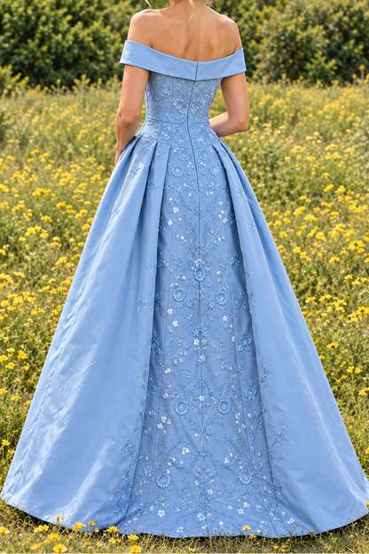 Embroidered Off-the-Shoulder Pleated Ball Gown