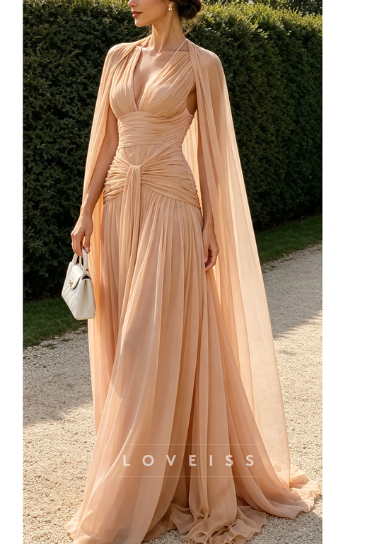 Chiffon Cape Sleeve Gown with Deep V Neckline