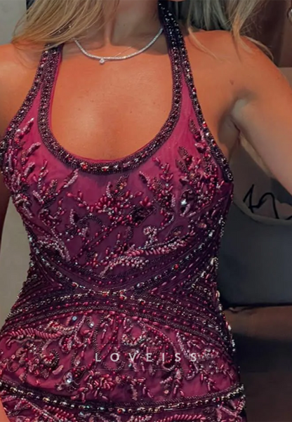 Beaded Halter Neck Mini Dress with Ruffled Skirt