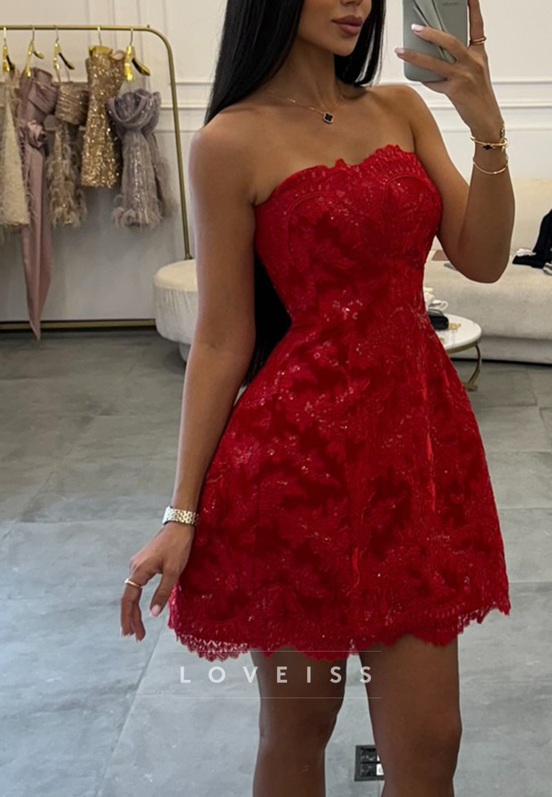 Strapless Lace Sweetheart Mini Dress