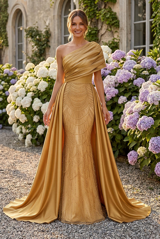 One-Shoulder Beaded Mermaid Gown with Overskirt