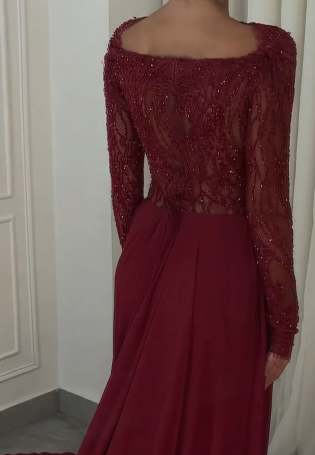 Beaded Illusion Long Sleeve Evening Gown with Slit