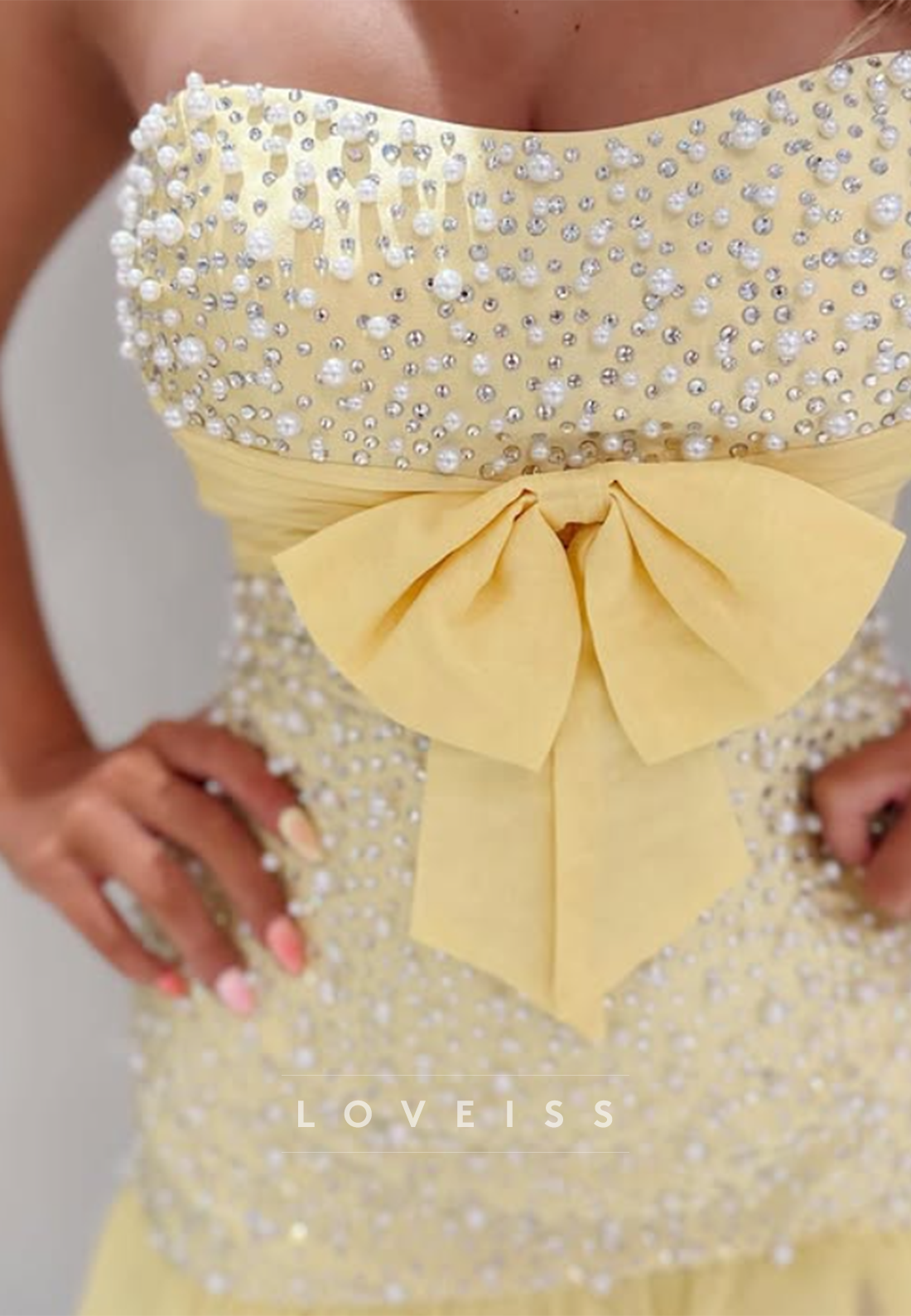 Strapless Pearl Embellished Ruffle Mini Dress