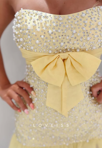 Strapless Pearl Embellished Ruffle Mini Dress