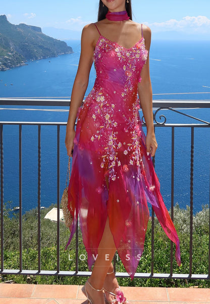 Asymmetrical Floral Embroidered Chiffon Slip Dress