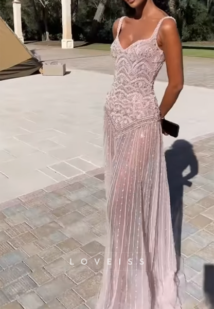 Beaded V-Neck Column Gown with Sheer Striped Skirt