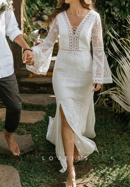 Boho Lace Long Sleeve Mermaid Wedding Dress with Slit