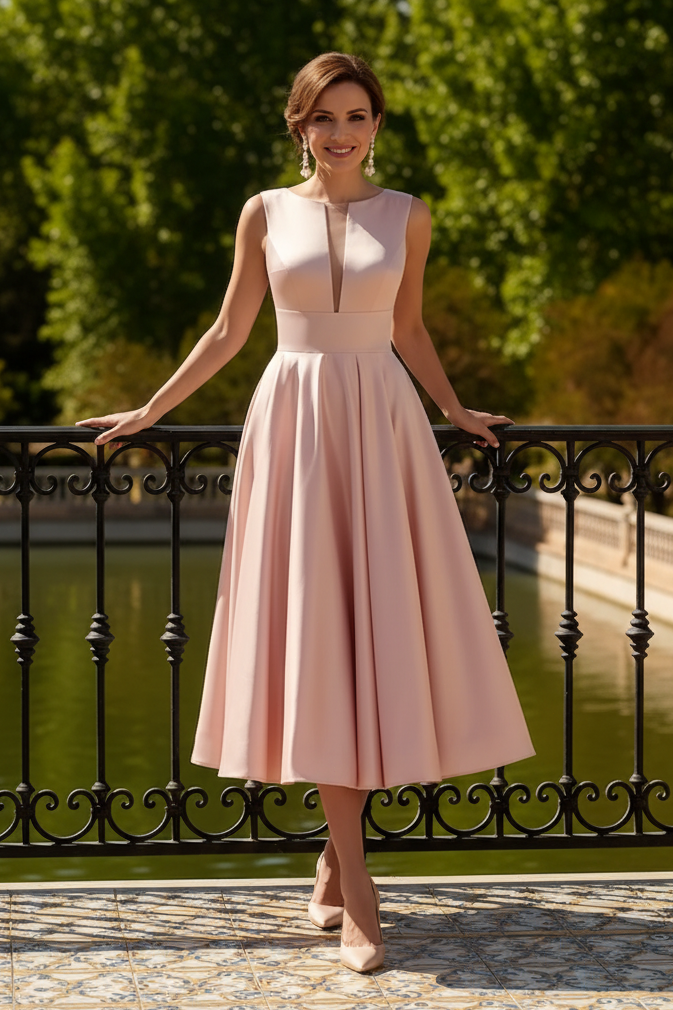 Sleeveless Plunge Midi Dress with Deep V-Back