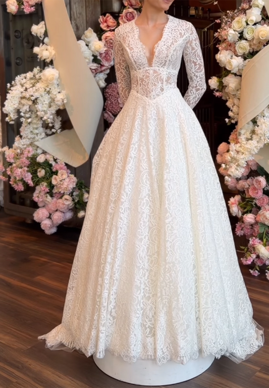 Lace A-Line Wedding Dress with Plunging V-Neck