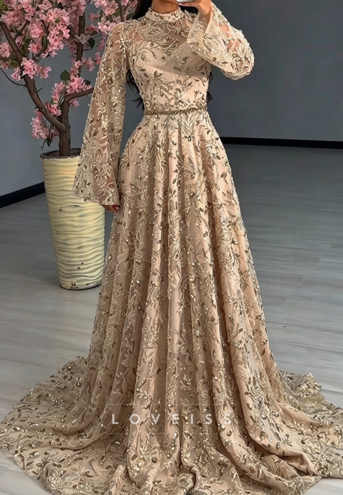 Embellished High Neck Gown with Bell Sleeves