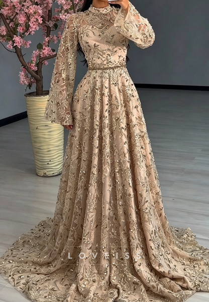Embellished High Neck Gown with Bell Sleeves