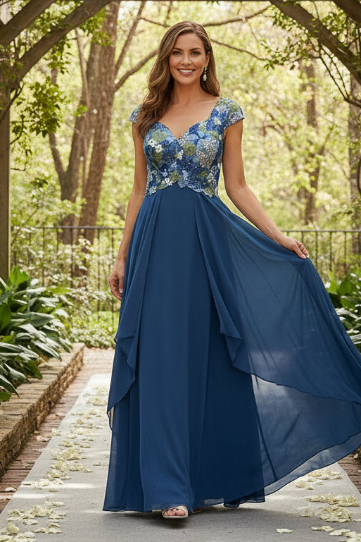 Floral Embroidered Chiffon A-Line Evening Dress