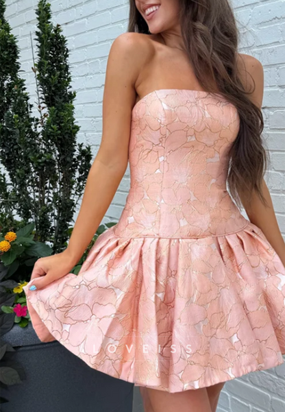 Strapless Floral Jacquard Drop-Waist Mini Dress