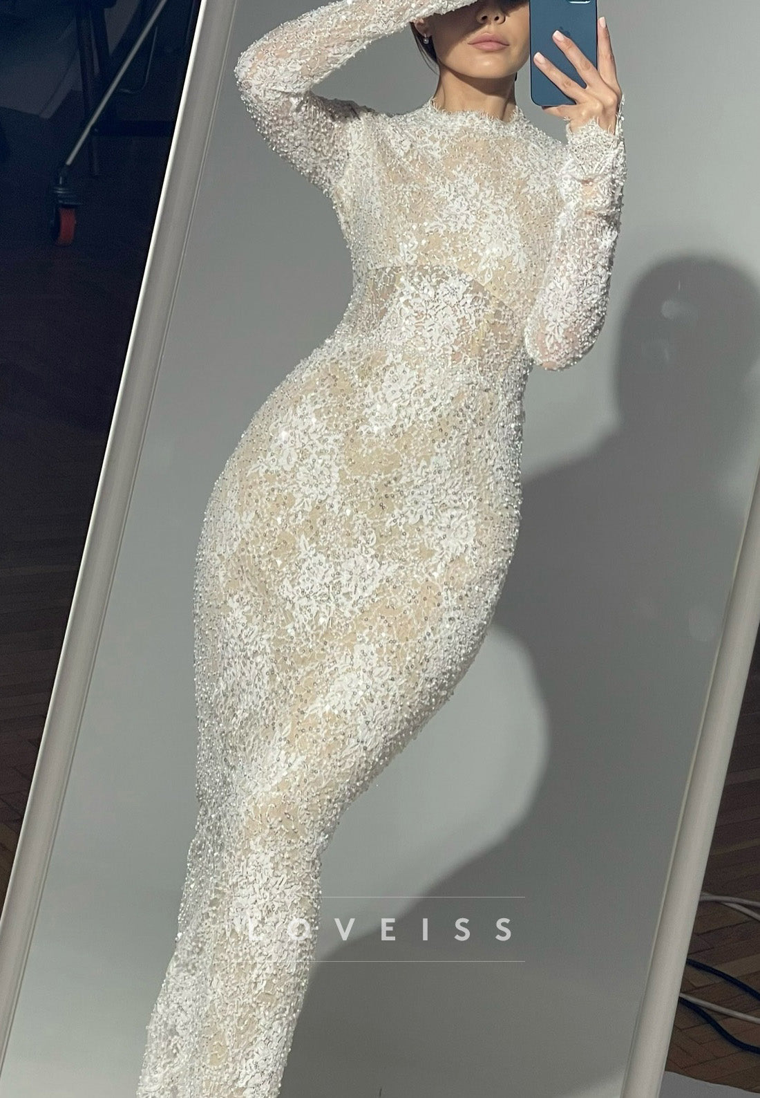Beaded Lace High Neck Long Sleeve Maxi Dress