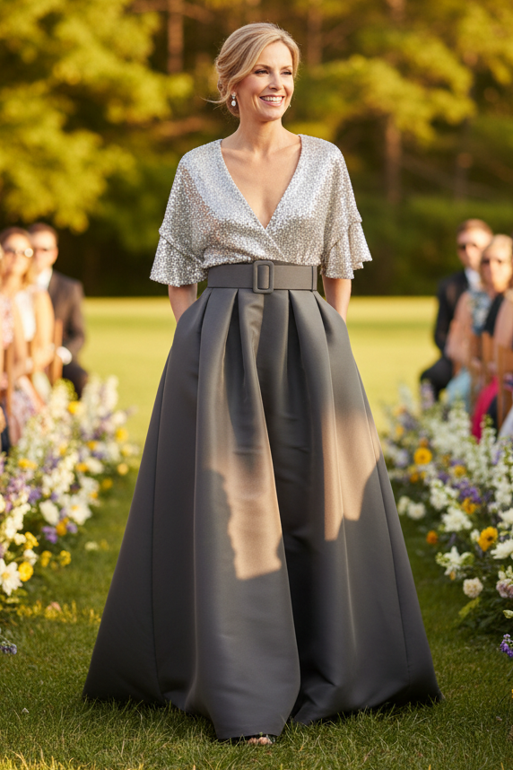 Sequin Flutter Sleeve Pleated Ball Gown with Pockets