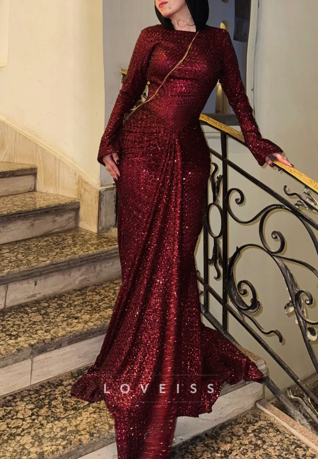 Long Sleeve High Neck Sequin Mermaid Evening Gown
