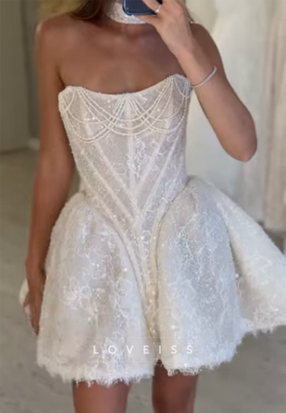 Strapless Corset Lace Mini Dress with Pearls