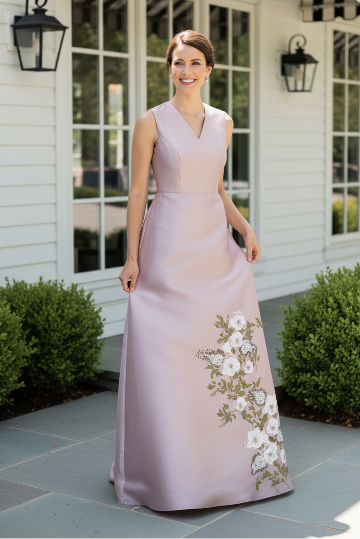 V-Neck Sleeveless Embroidered A-Line Gown