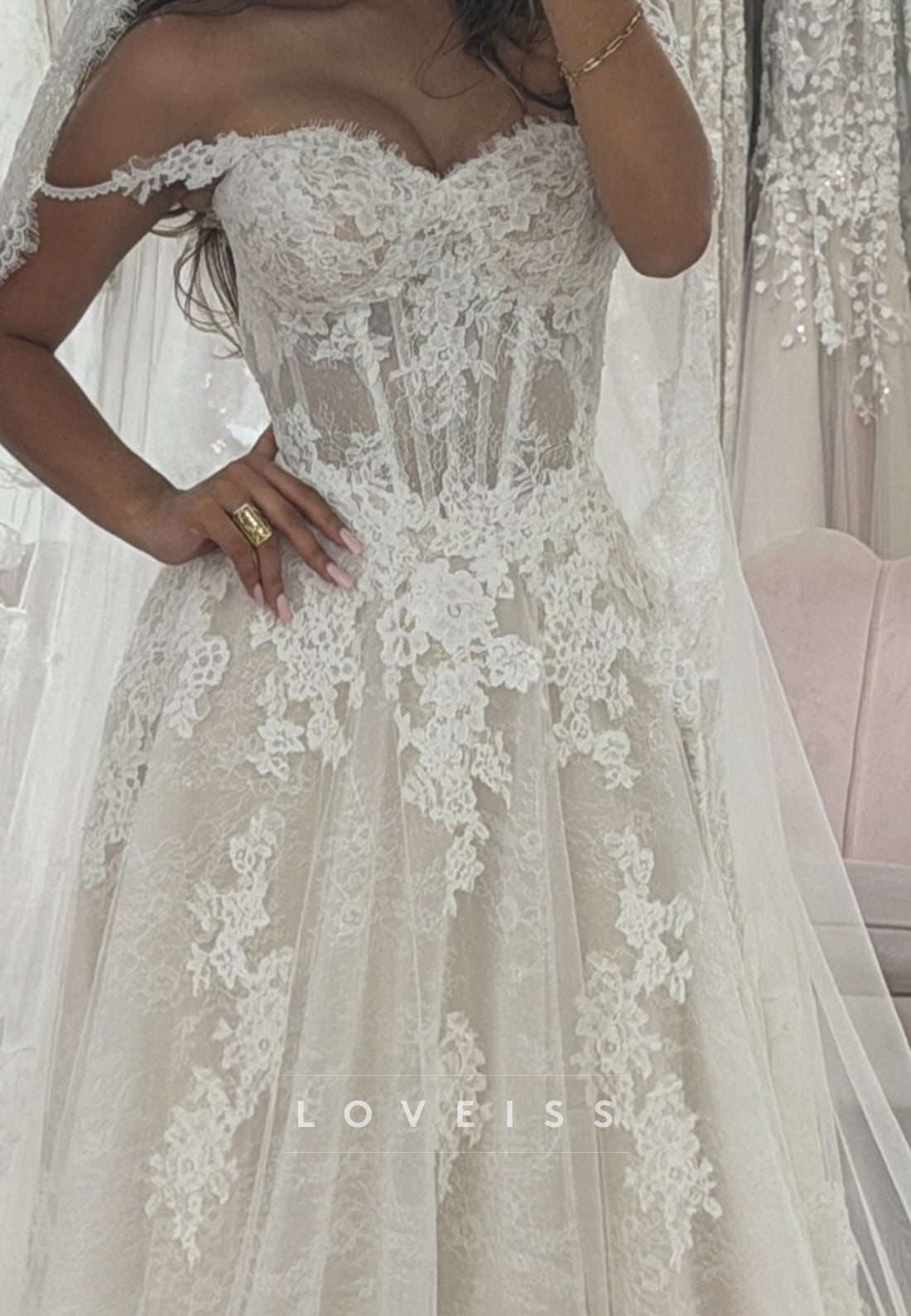 Off-Shoulder Sweetheart Lace Wedding Dress, Corset Bodice
