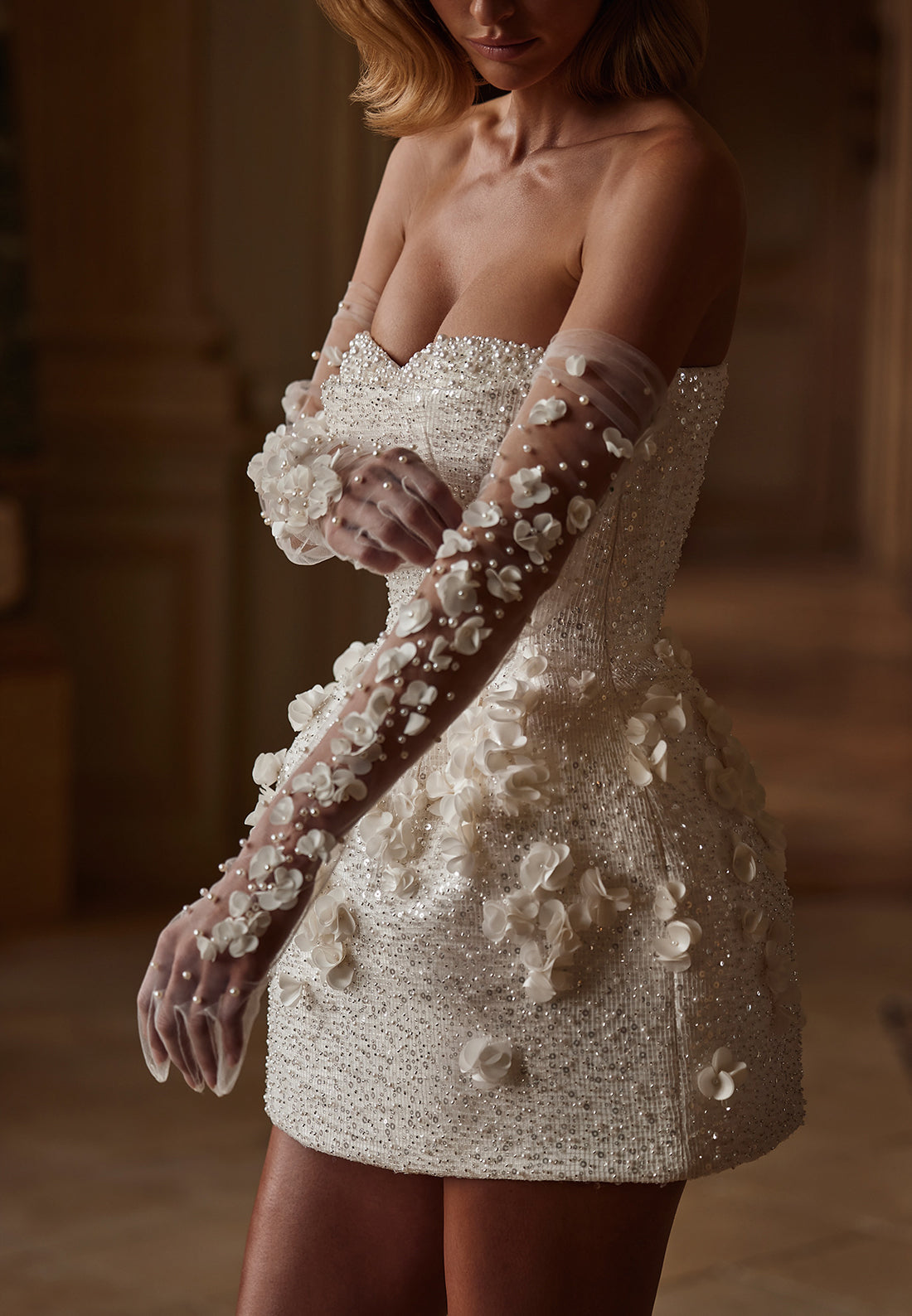 Beaded Sweetheart Mini Dress with 3D Flowers