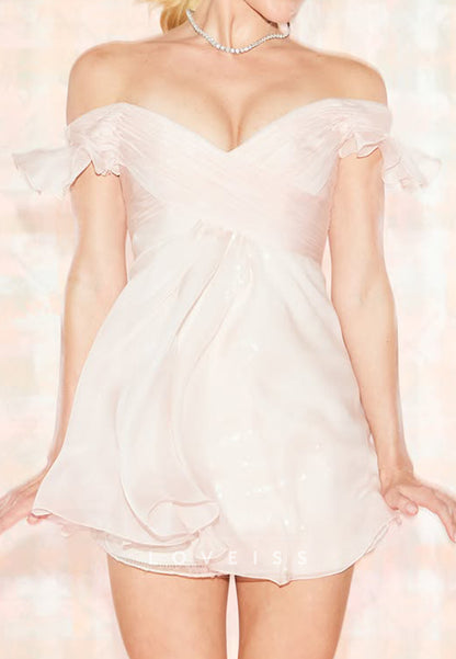 Off-the-Shoulder Ruched Mini Dress with Drapes