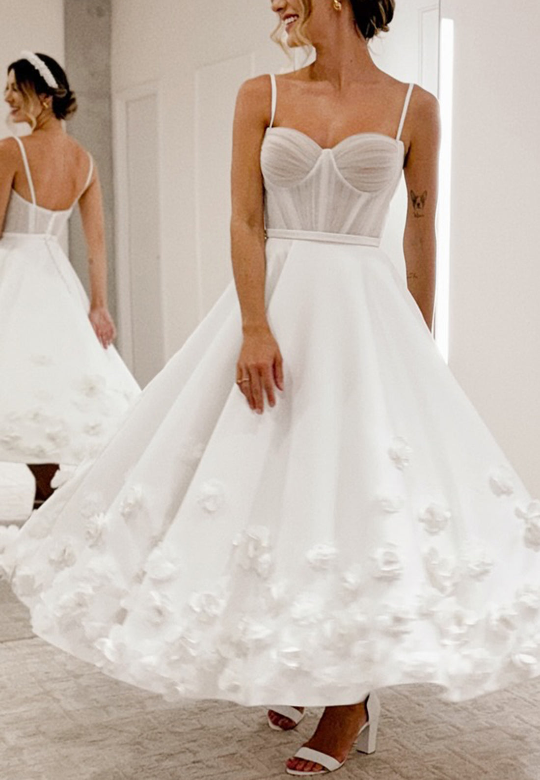 Corset Bodice Tea-Length Dress with 3D Florals