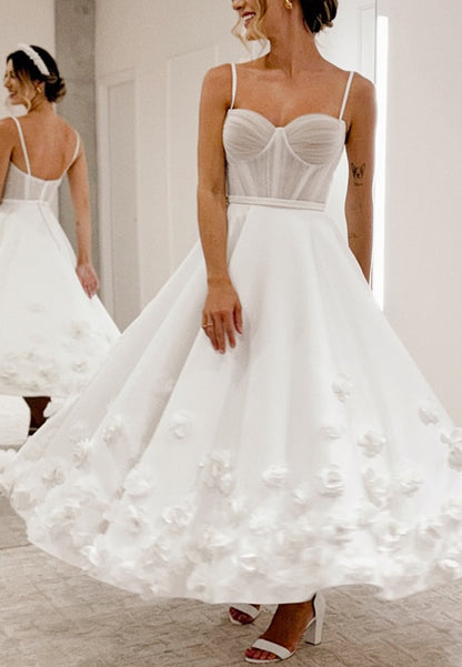 Corset Bodice Tea-Length Dress with 3D Florals