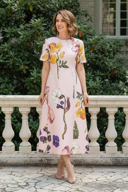 Elegant Floral Print Short Sleeve Midi Dress