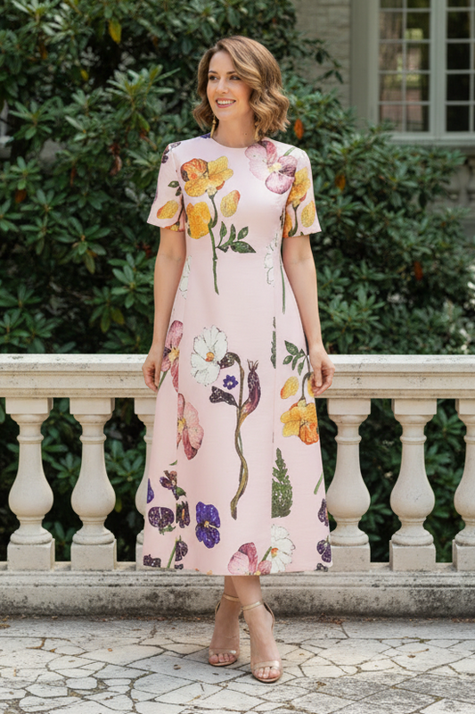 Elegant Floral Print Short Sleeve Midi Dress