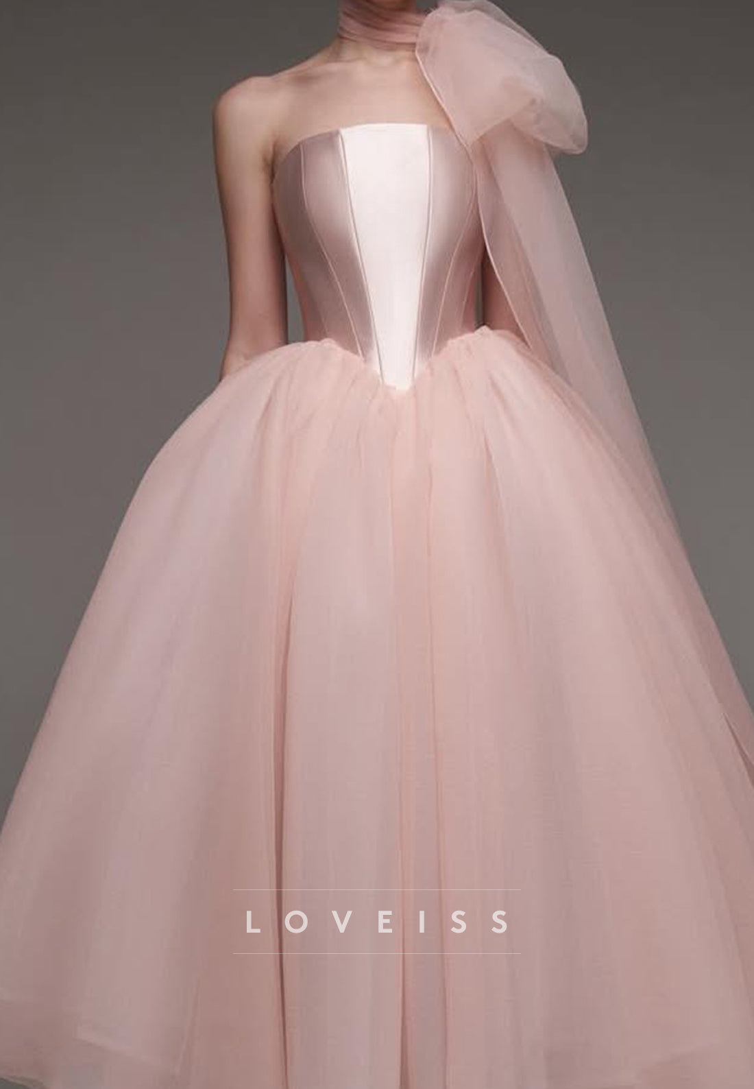Strapless Tulle Ball Gown with Shoulder Bow
