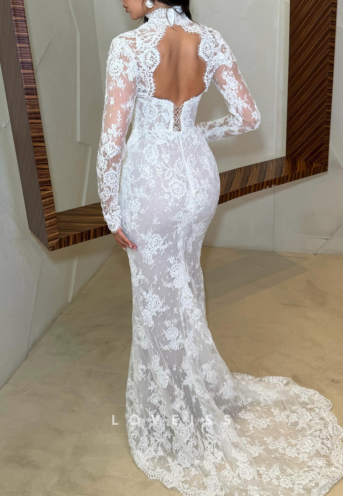 High Neck Lace Mermaid Wedding Dress with Open Back