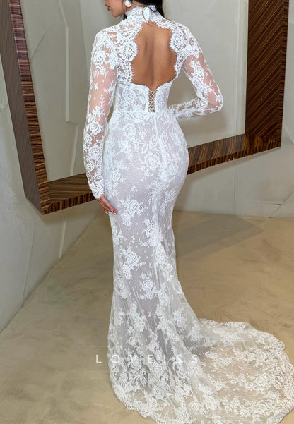 High Neck Lace Mermaid Wedding Dress with Open Back