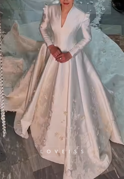 Long Sleeve V-Neck Satin Ball Gown Wedding Dress