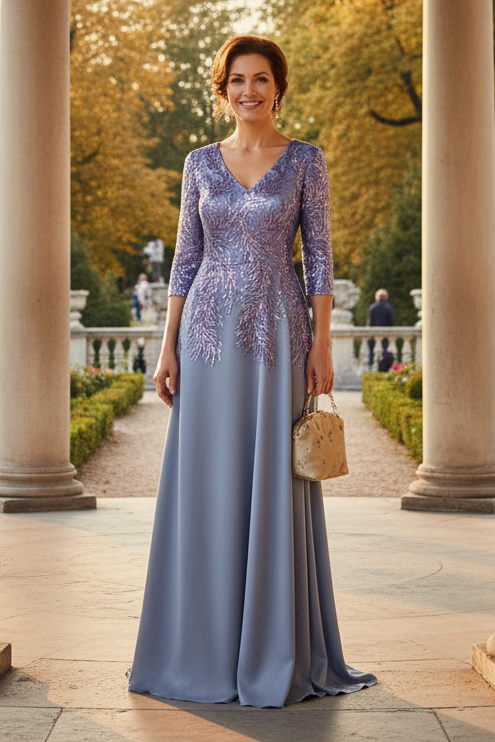Sequin Feather A-Line Evening Gown with 3/4 Sleeves