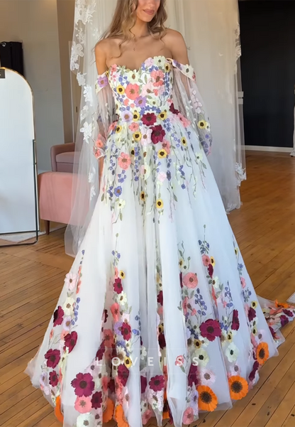 Off-The-Shoulder 3D Floral Tulle A-Line Wedding Dress